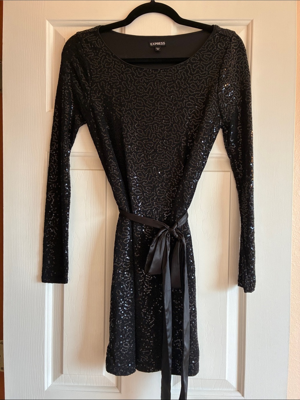 Express Black Sequin Long Sleeve Mini Dress with Satin Tie Belt Size XS